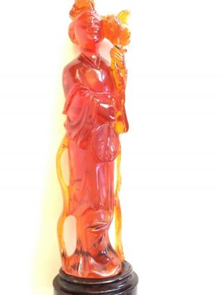 Antique Chinese Amber Carved Quanyin With Stand H 12.  5” Very Rare And Old 6