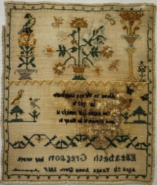 SMALL EARLY 19TH CENTURY MOTIF & VERSE SAMPLER BY ELIZABETH GREGSON AGE 10 1817 12