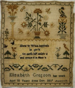 Small Early 19th Century Motif & Verse Sampler By Elizabeth Gregson Age 10 1817