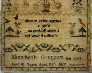 SMALL EARLY 19TH CENTURY MOTIF & VERSE SAMPLER BY ELIZABETH GREGSON AGE 10 1817 3
