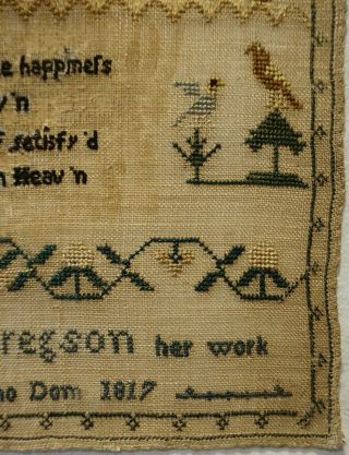 SMALL EARLY 19TH CENTURY MOTIF & VERSE SAMPLER BY ELIZABETH GREGSON AGE 10 1817 7