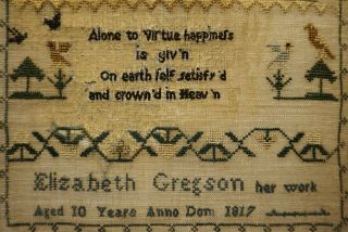 SMALL EARLY 19TH CENTURY MOTIF & VERSE SAMPLER BY ELIZABETH GREGSON AGE 10 1817 8