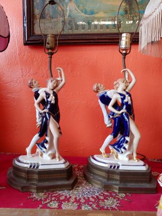 Cobalt Blue Royal Dux Art Deco Dancing Flapper Lamps 16 