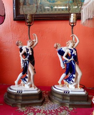 Cobalt Blue Royal Dux Art Deco Dancing Flapper Lamps 16 " Figures