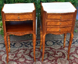 1910s Antique French Louis Xv Walnut & White Marble Top Nightstands