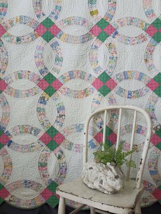 Large Queen Size GORGEOUS Vintage c1930 Pink & Green Wedding Ring QUILT 2