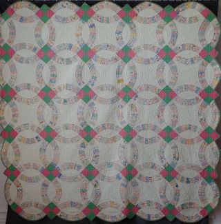 Large Queen Size GORGEOUS Vintage c1930 Pink & Green Wedding Ring QUILT 3