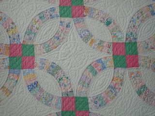 Large Queen Size GORGEOUS Vintage c1930 Pink & Green Wedding Ring QUILT 4