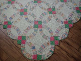 Large Queen Size GORGEOUS Vintage c1930 Pink & Green Wedding Ring QUILT 8