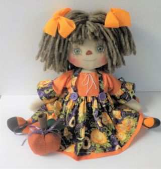 Primitive Raggedy Ann Doll Fall " Kassie " Boo / Pumpkin Handmade Pumpkin