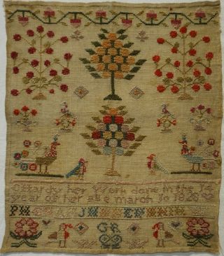 Small Early 19th Century Motif Sampler By C.  Hardy Aged 14 - March 10th 1828