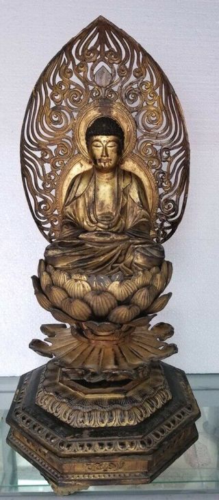 Mid - 17th Century,  Mid - Edo,  Antique Japanese Wooden Seated Amida Buddha