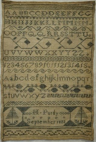 Small Early 19th Century Blue Stitch Work Alphabet Sampler By H.  Purdy - 1822