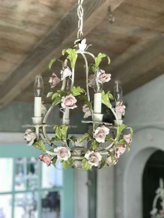 Petite 4 Light Vintage Tole Porcelain Roses Chandelier - Antique