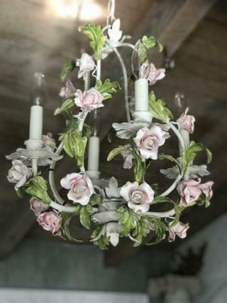 Petite 4 Light Vintage Tole Porcelain Roses Chandelier - Antique 2