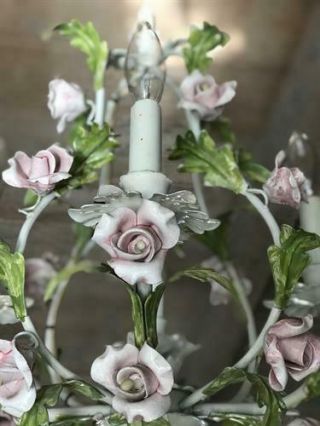 Petite 4 Light Vintage Tole Porcelain Roses Chandelier - Antique 3
