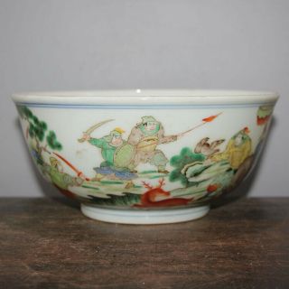 Chinese Old Marked Wucai Colored Character Story Pattern Porcelain Bowl