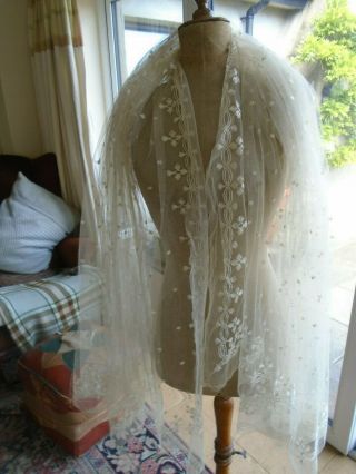 ANTIQUE HAND EMBROIDERED NET LACE VEIL / SHAWL - 80 X 80 INCHES 3