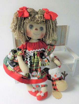 HANDMADE Primitive Raggedy Ann DOLL COUNTRY CHRISTMAS IN JULY/ SNOWMAN ORNIE 7