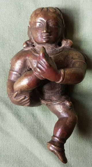 Unusual Antique Indian Brass Figure Of A Child? Holding Up Leg?? 18th Century