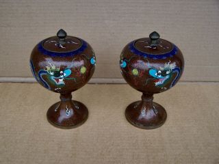 Antique 19c.  Chinese Cloisonné Brown Dragon Jars Lid Vases 8 " Tall