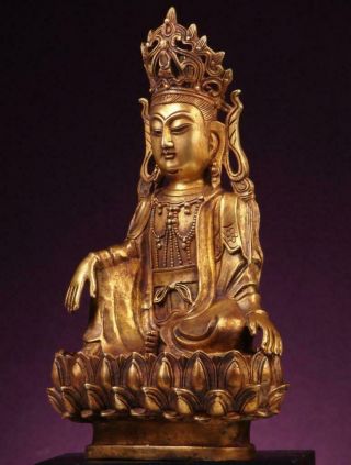 Buddha: Antique Tibetan Kwan Yin Ming Style,  Gilded Bronze,  1800s,  11 " Tall