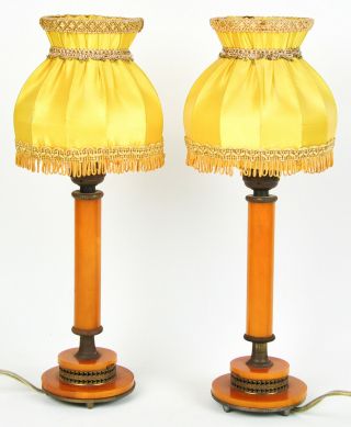 Pair Vintage Bakelite Lamp Art Deco Butterscotch Amber Swirl Silk Shade Indulite