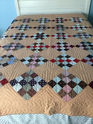 Antique Vintage Handmade Quilt - 16 Patch On Point Diamond Squares - Very Good.
