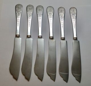 6 Tiffany & Co.  Ivy Aka Antique Ivy 1870 Sterling Silver Fish Knives 7 7/8 "