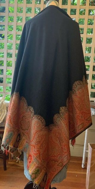 True Vintage 19th C Victorian Black & Orange Wool Paisley Shawl - 68” X 68”