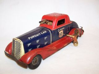 Rare 1930s Marx G - Man Pursuit Litho Wind - Up Tin Toy W/ Key