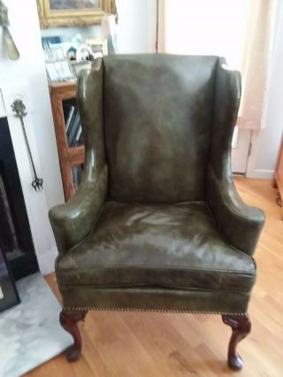 Vintage Leather Wingback Fireside Reading Hickory Chair Company Brass Tacks Excd