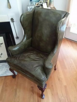 Vintage Leather Wingback Fireside Reading Hickory Chair Company Brass Tacks EXCD 2