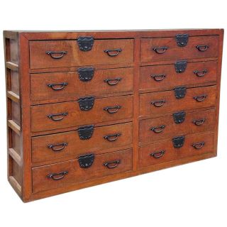 Antique Long Japanese Pine Tansu Chest Of Drawers 19th Century