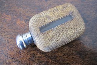 Petite Hm Sterling Silver & Snakeskin Mounted Glass Pocket Or Hip Flask - 1925