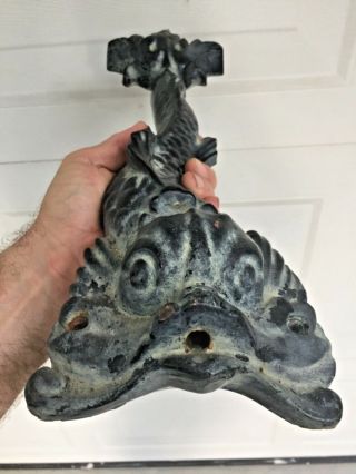 Old Cast Iron Dolphin Serpent Wall Fountain Water Out Of Mouth Patina 2