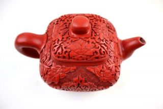 Rare Chinese Red Cinnabar Carving Teapot Over Yixing Zisha Body,  Marked,  20th C 10