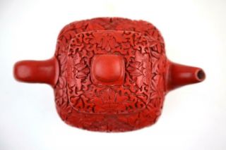 Rare Chinese Red Cinnabar Carving Teapot Over Yixing Zisha Body,  Marked,  20th C 11