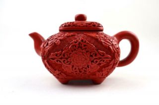 Rare Chinese Red Cinnabar Carving Teapot Over Yixing Zisha Body,  Marked,  20th C