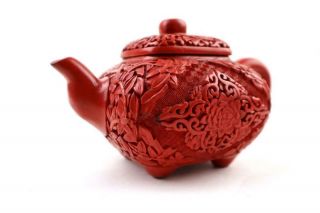 Rare Chinese Red Cinnabar Carving Teapot Over Yixing Zisha Body,  Marked,  20th C 2