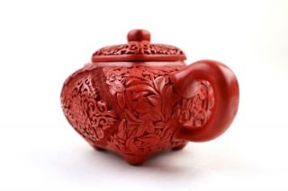 Rare Chinese Red Cinnabar Carving Teapot Over Yixing Zisha Body,  Marked,  20th C 3