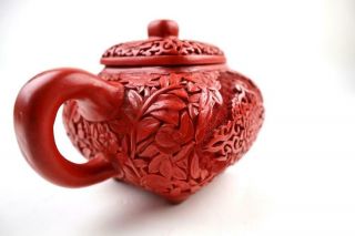 Rare Chinese Red Cinnabar Carving Teapot Over Yixing Zisha Body,  Marked,  20th C 4