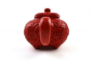 Rare Chinese Red Cinnabar Carving Teapot Over Yixing Zisha Body,  Marked,  20th C 5