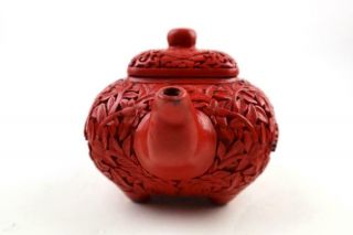 Rare Chinese Red Cinnabar Carving Teapot Over Yixing Zisha Body,  Marked,  20th C 6