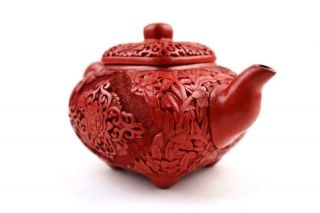 Rare Chinese Red Cinnabar Carving Teapot Over Yixing Zisha Body,  Marked,  20th C 9