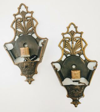 Vtg Antique Art Deco Pair Cast Metal Slip Shade Wall Sconce Light Fixtures 1930s