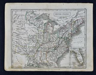 C 1840 Sydney Hall Map - 28 United States Wisconsin Missouri Arkansas Florida