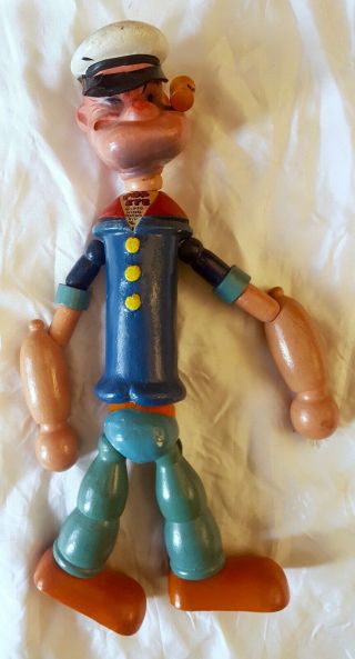 Wow Large 1935 Wooden Popeye Toy - Articulated,  Painted W/ Pipe & Hat Brim