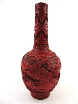Chinese Red Cinnabar Vase With Landscape And Figures,  Large 25cm,  19th C