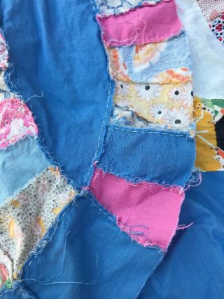 Vintage Double Wedding Ring Quilt Top Hand Pieced Blue White Flour Sack Fabric 10